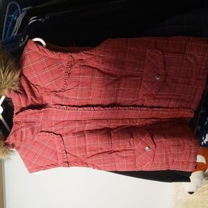 Plaid puffy vest with fur hood